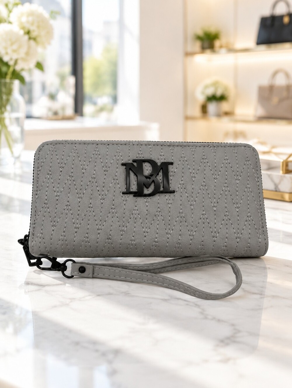 NWT Badgley Mischka Gray Quilted Wallet Wristlet Clutch Phone Holder BM Logo